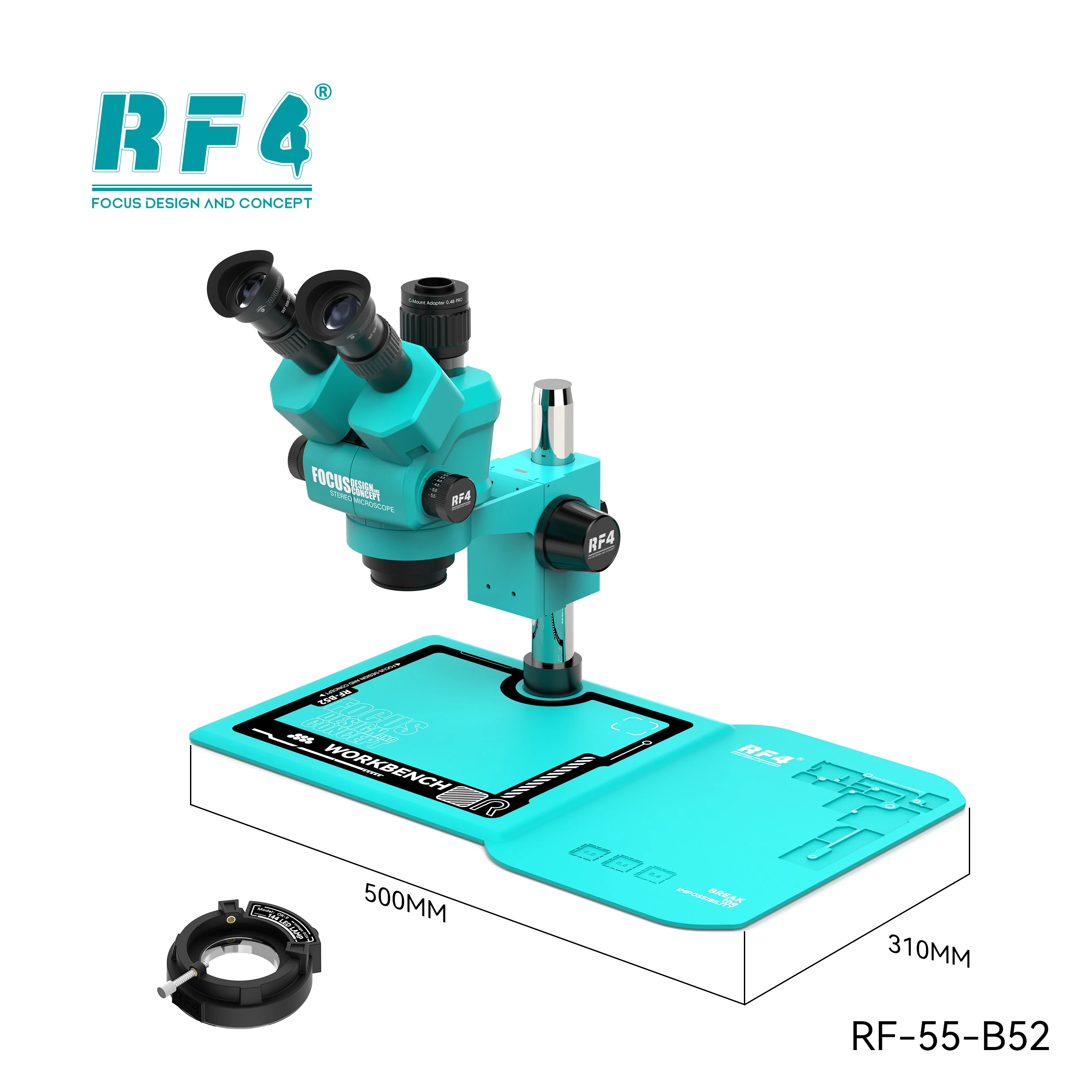 RF4 Dust-proof Design Microscope Continuous Zoom 6.5X-55X Knob 7 Gear Zoom Ultra High Definition Trinocular Microscope