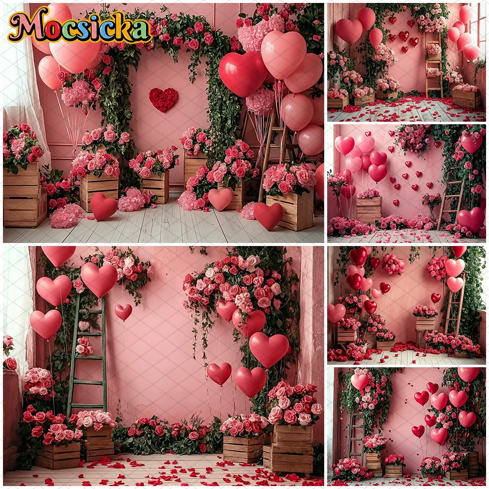 

Mocsicka Valentine's Day Photo Backdrop Pink Rose Love Romantic Heart-Shaped Balloons Decorations Wedding Photography Background