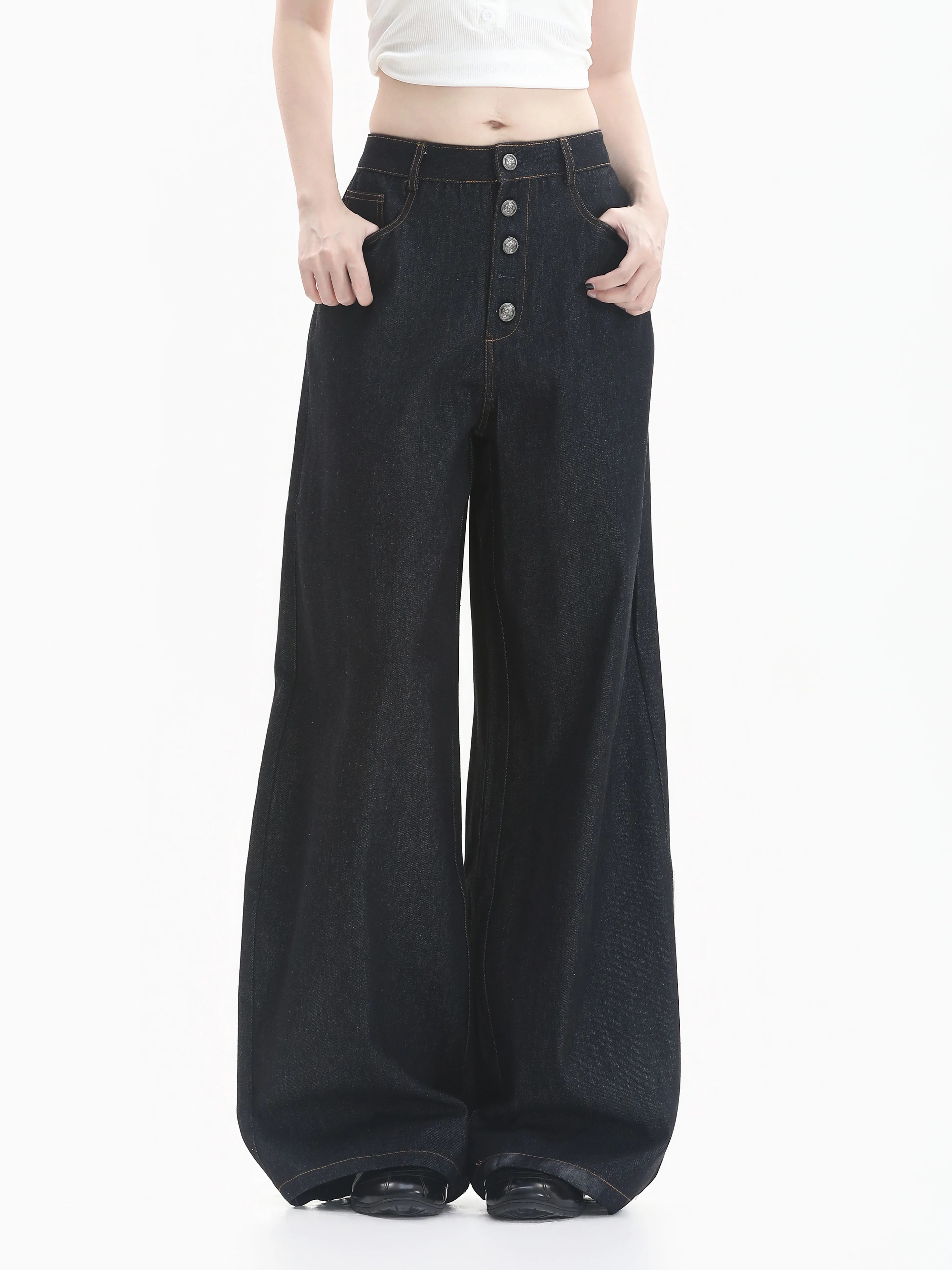 Cleanfit Vintage Five-Button Distressed Denim Pants Women's Neutral Wide Leg Pants Casual Washed Natural Waist Jeans