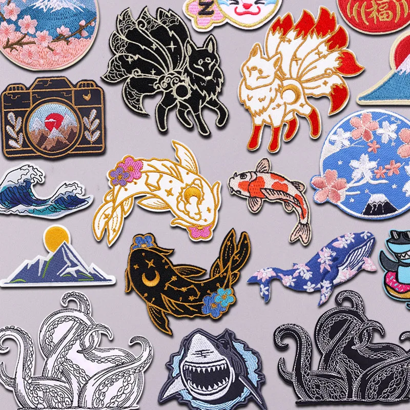 Japanische Glückskatze, Fisch, Wal, bestickte Aufnäher, Mount Fuji, Kirschblüten, Aufnäher zum Aufbügeln für Kleidung, thermoadhäsiver Aufnäher