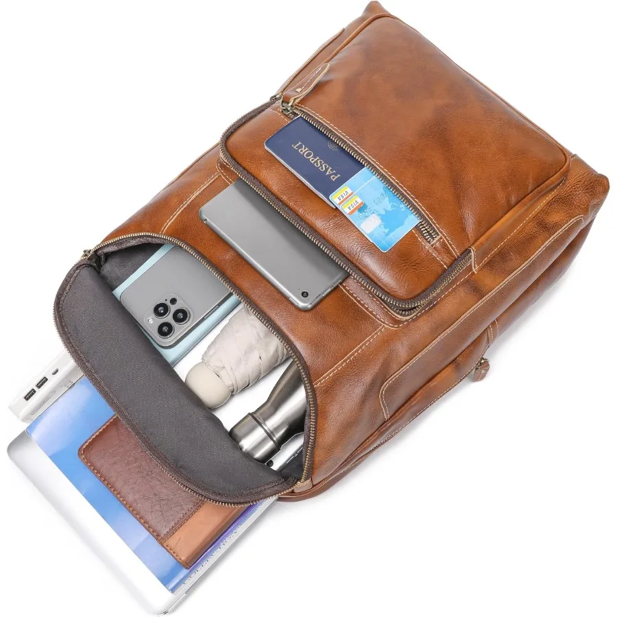 حقيبة ظهر من الجلد المدبوغ بالخضراوات من LANNSYNE للرجال مقاس 17 بوصة حقيبة ظهر للكمبيوتر المحمول كاجوال للعمل في الهواء الطلق حقيبة ظهر للسفر بسحابات YKK #2