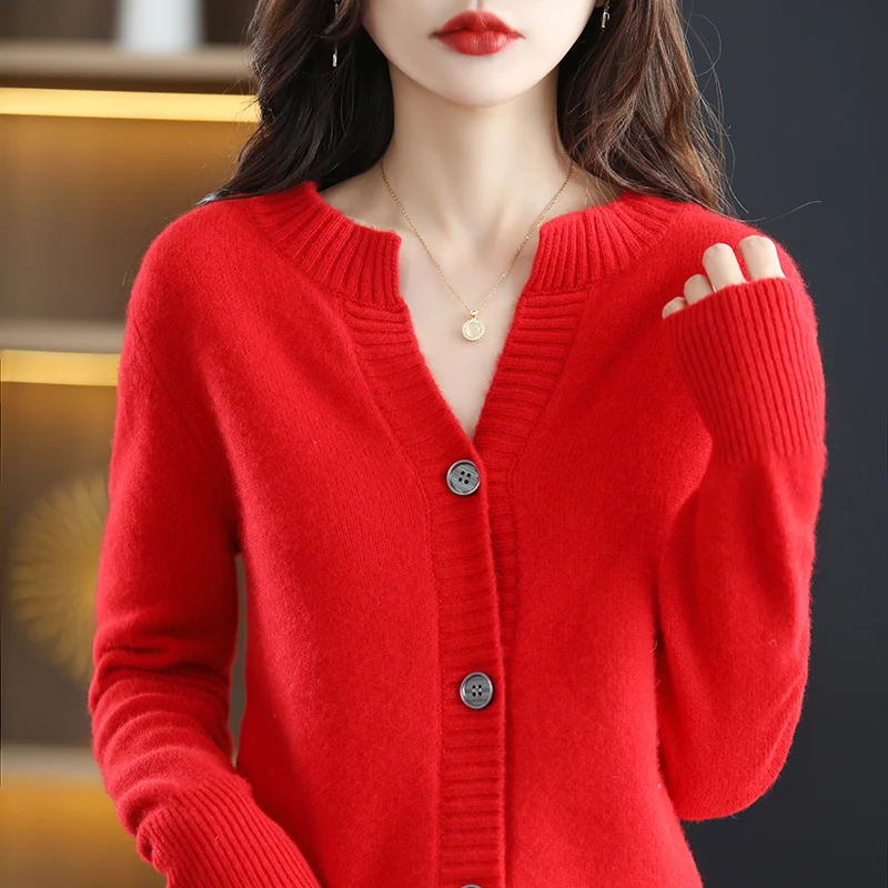 100% Wool Cashmere Cardigan Women\'s Autumn and Winter New Round Neck Sweater Loose Large Size Coat Korean Fashion Knitted Jacket