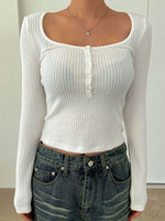 Women Long Sleeves T-shirt Fashion New Streetwear Button O-Neck Tees Sexy Solid See Through Lady Casual Slim Versatile Tees Top