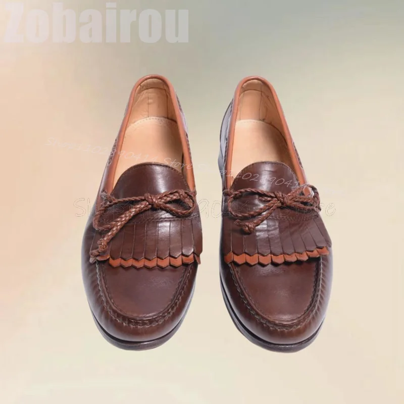 

Brown Tassels Bow Knot Sewing Design Penny Loafers Fashion Slip On Men Shoes Luxury Handmade Party Feast Office Men Casual Shoes