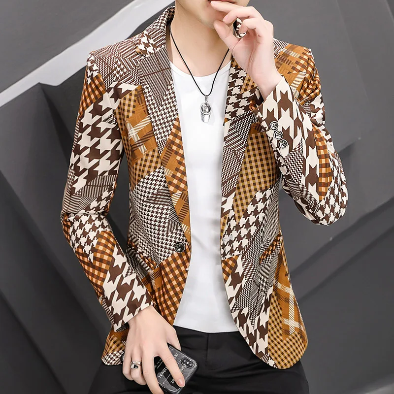 Men Plaid Print Blazer 2022 Spring New Korean Fashion Casual Slim Suit Jacket Wedding Business Party Streetwear Male Clothing