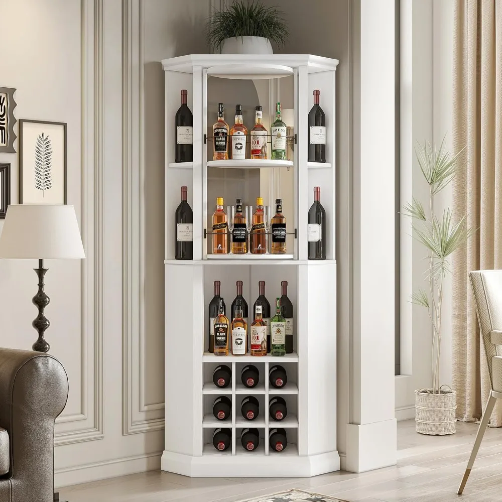 VOWNER Corner Wine Cabinet with Rotating Glass Wine Rack, Farmhouse Bar Storage Cabinet with Cup Holders, Home Bar Cabinet for