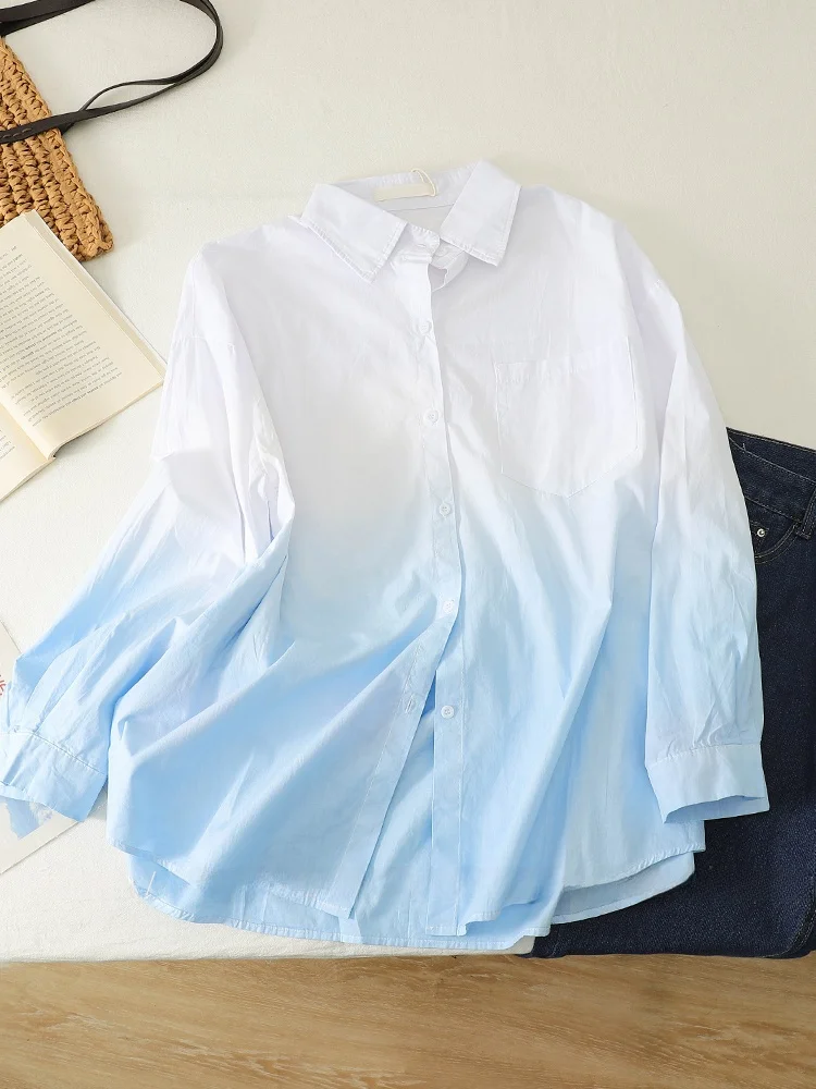 

Элегантная женская рубашка-жакет сине-белого цвета, свободного кроя, с длинными рукавами, на пуговицах, с воротником, в винтажном стиле, для осени