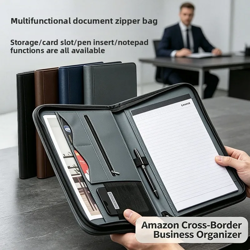 Multifunctional A4 Business File Folder with Zipper, Leather Document Organizer Bag with Card Slots and Pen Holder for Meeting