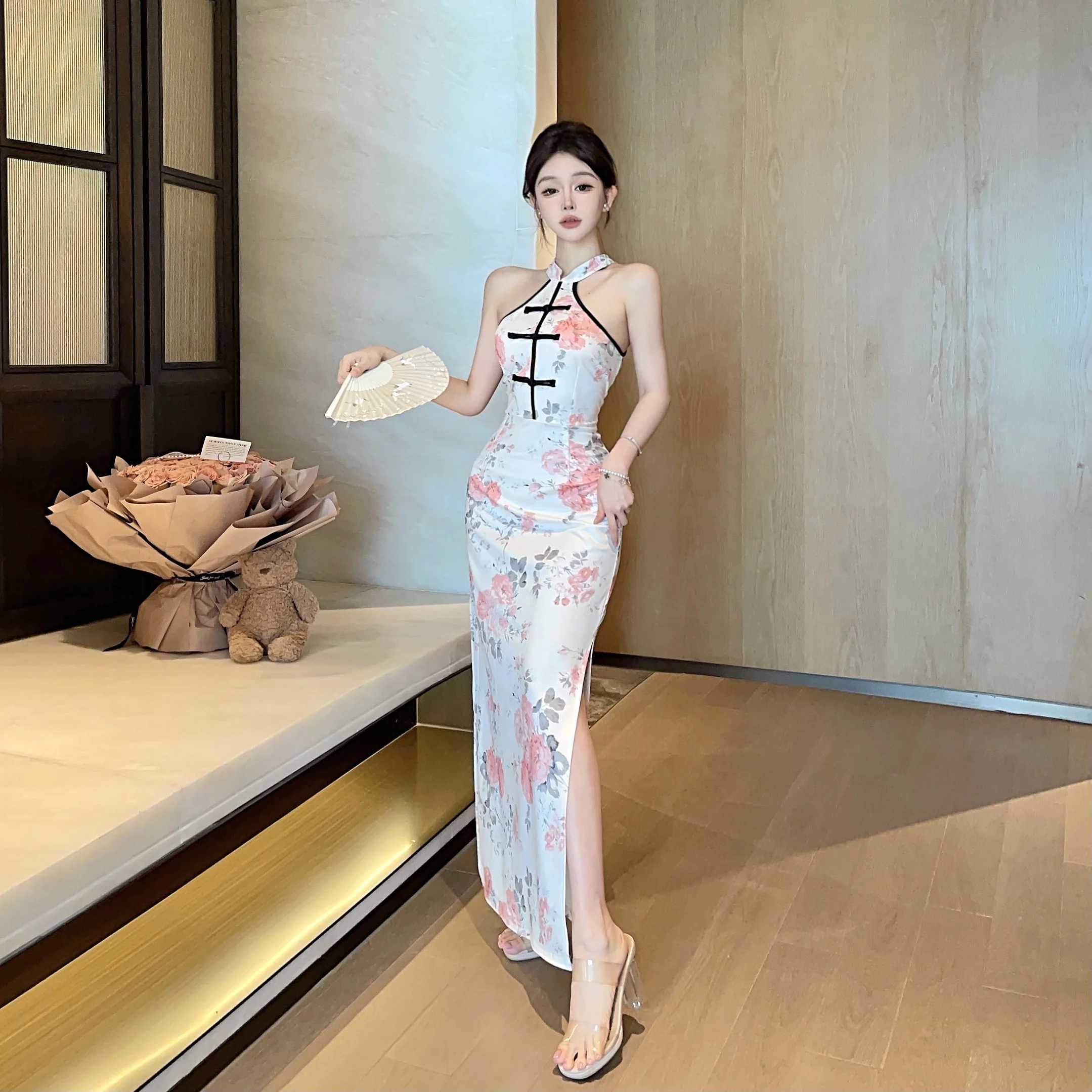 Novo chinês sle reunido menina ne pendurado split impresso dr verão 2025 na moda saia vintage longo