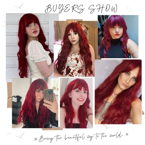 Imagen 2 del producto Pelucas sintéticas largas y rizadas con flequillo largo para mujer, pelo Natural Afro de onda profunda para fiesta de Cosplay, color rojo borgoña