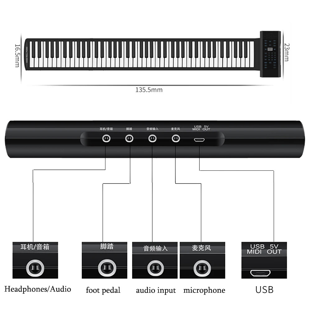 88 Keys Electronic Piano,MIDI &USB Charge,Portable ABS Soft Silicone Flexible Keyboard,Digital Roll Up Piano with Horn and Pedal