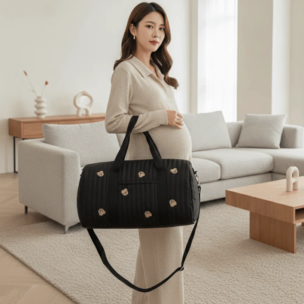 Embroidered Tote Lightweight Cylinder Handbag Quilted Soft Mommy Travel Bag Foldable Durable Luggage Pouch Hospital Stay