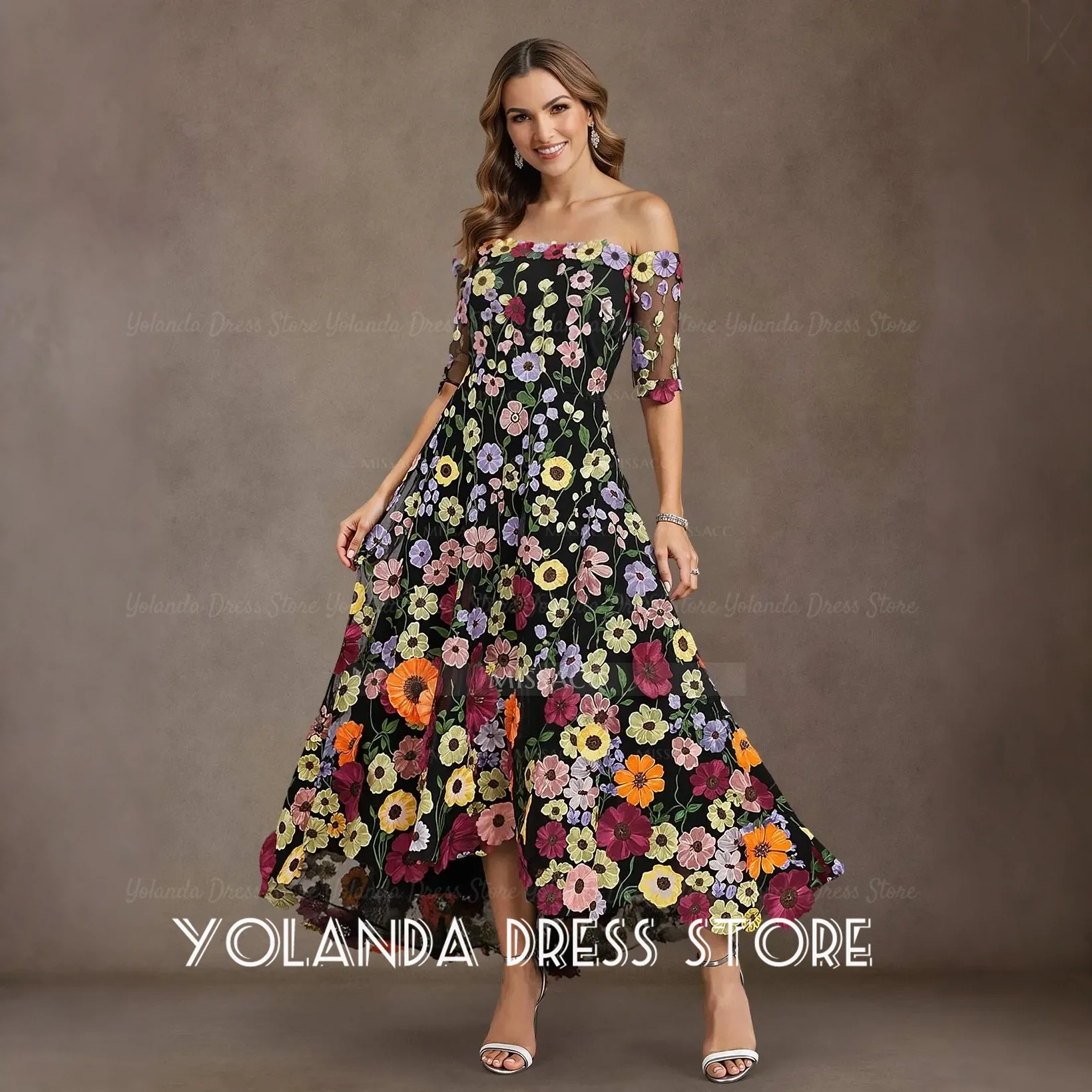 

Yolanda Women's Wedding Party Attire Retro Off-the-shoulder Floral Applique Wedding Guest Dress High-low Evening Gown Customized