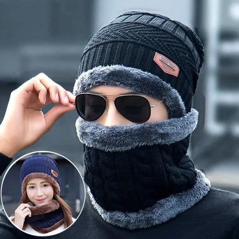 Men And Women Knit Cap Winter Hats Velvet Hat Coral Fleece Scarf Outdoor Riding Hat Warm Thickening Plus Velvet Neck Protect Cap