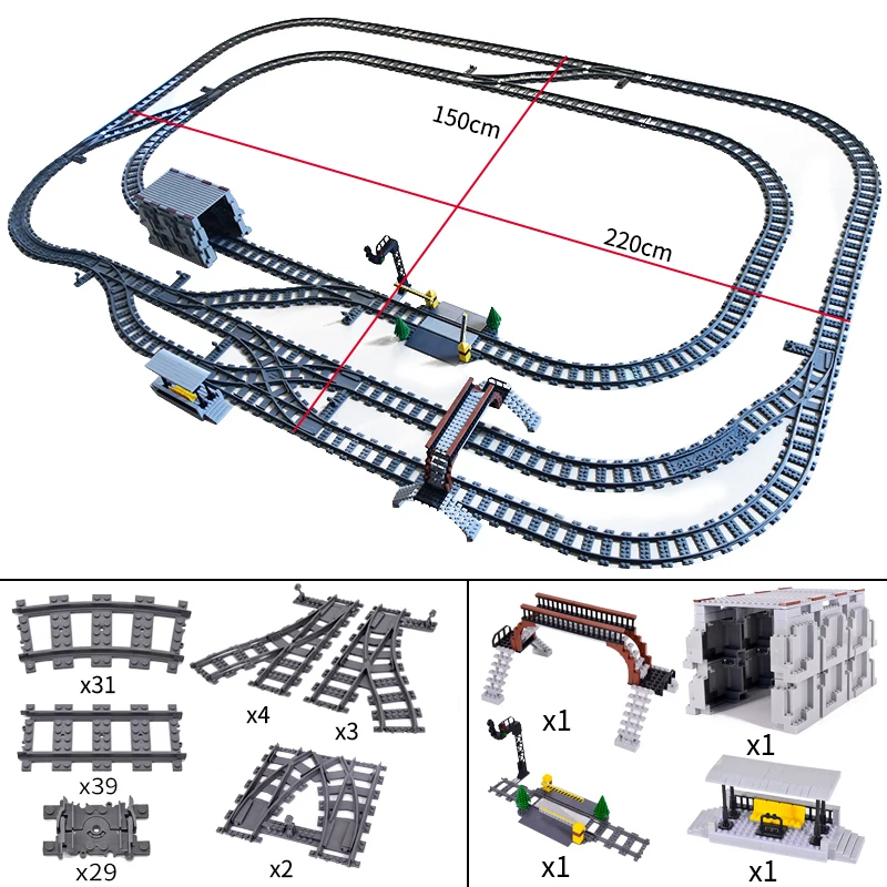 City Train Station Platform Traffic Light Cave Flyover Tracks Straight Curved Rails Building Block Bricks Technican Creative Toy