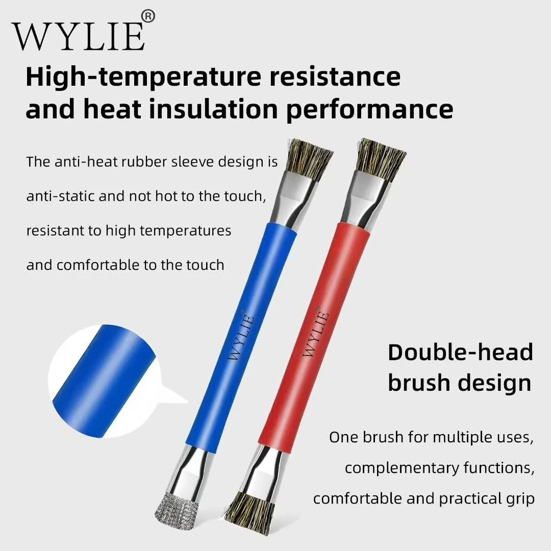 WYLIE Double-headed Cleaning Brush Anti-static Hard Pig Hair Fine Steel Wire for Good Cellphone Chip Glue Removal Brush Tool