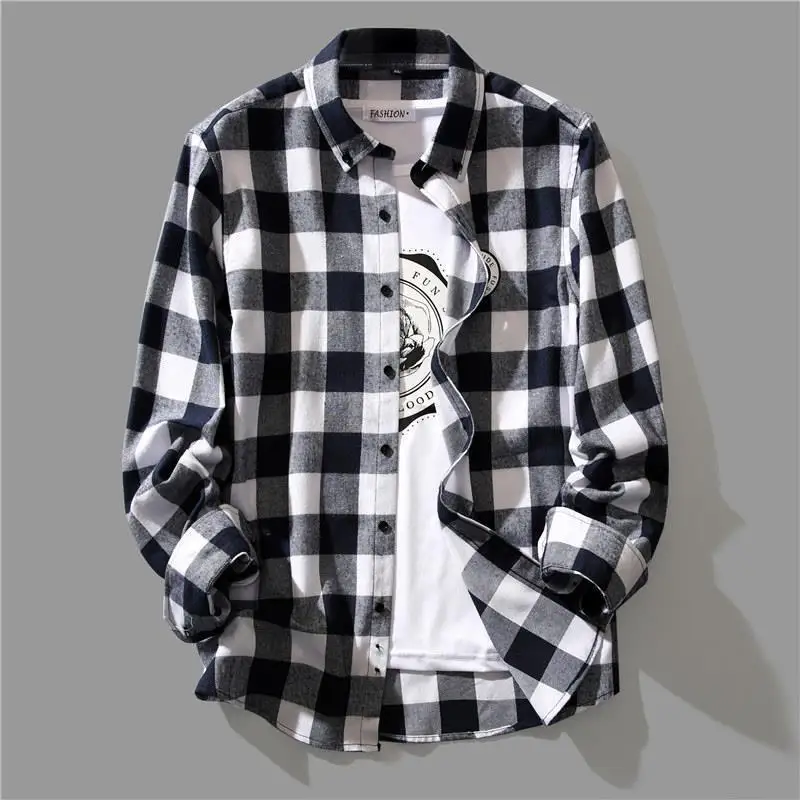 Camisa de algodón puro para hombre, camisa de manga larga a cuadros en blanco y negro, abrigo informal suelto de primavera coreana, Tops de un solo