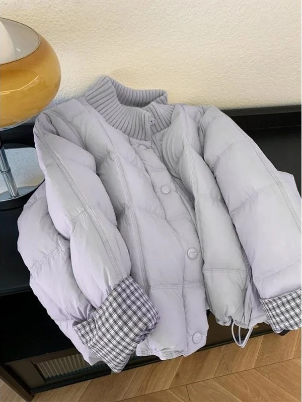 

Корейская женская зимняя новая свободная утепленная хлопковая куртка-пуховик с круглым вырезом и элементами пэчворка