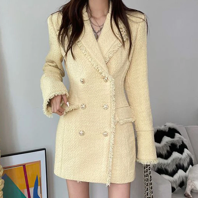 South korea Chic Autumn and Winter Temperament Graceful Suit Collar Double Breasted Design Waist Hugging Long sleeve Tweed Ou...