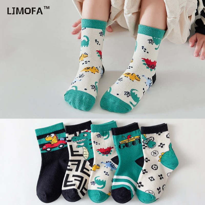 LJMOFA 5 Pairs Children Socks for Girls Boy Cartoon Toddler Cotton Knitted Sports Socks Four Seasons New Kids Tube Socks C161