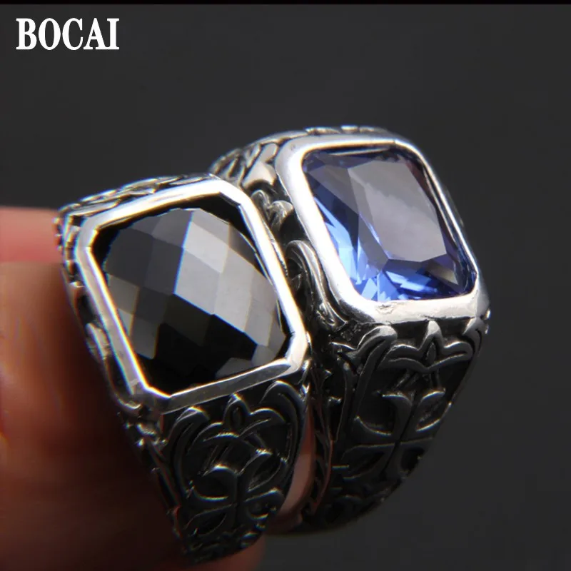 BOCAI Real S925 Silver Jewelry Inlaid with Black Onyx/Blue Zircon Retro Personality Totem Trendy Cross Pattern Men\'s Ring