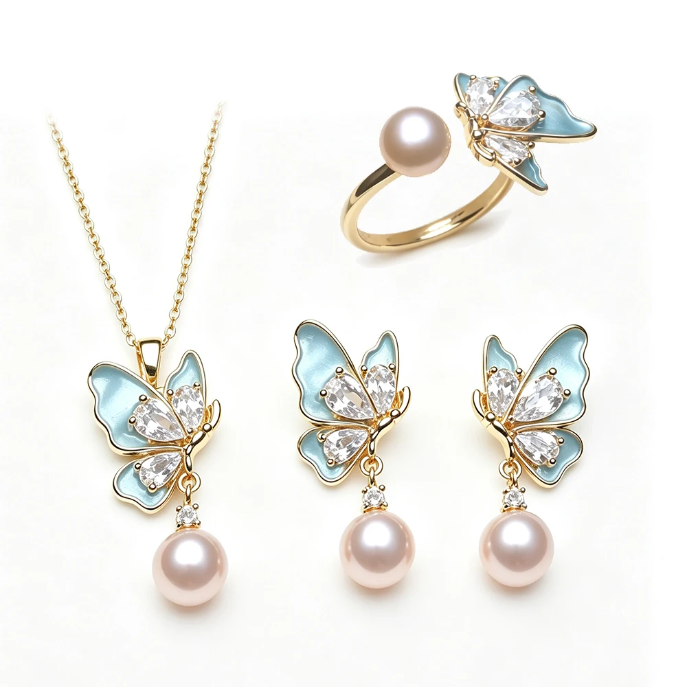 Echtes Süßwasserperlen-Set mit Halskette und Ohrringen, Elegantes 925er Silber Perlen-Ohrringe Anhänger Ring Set Geschenk für Ehefrau Mutter Weiß Schwarz – Detail 2