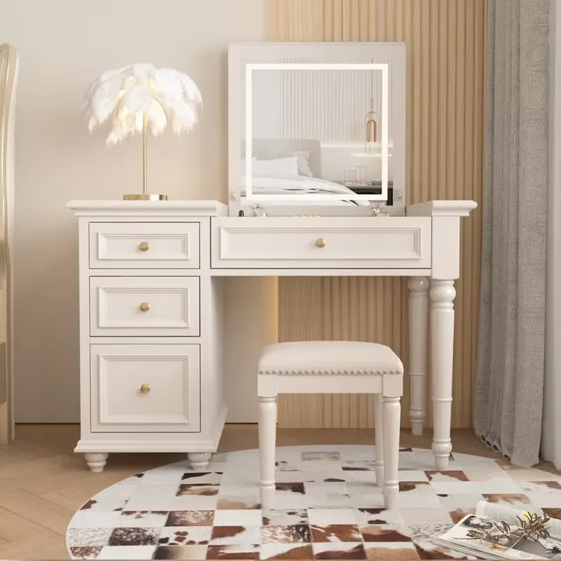 American-style Flip-top Dressing Table Storage Solid Wood Modern Design for Small Apartments Bedroom Integrated Makeup