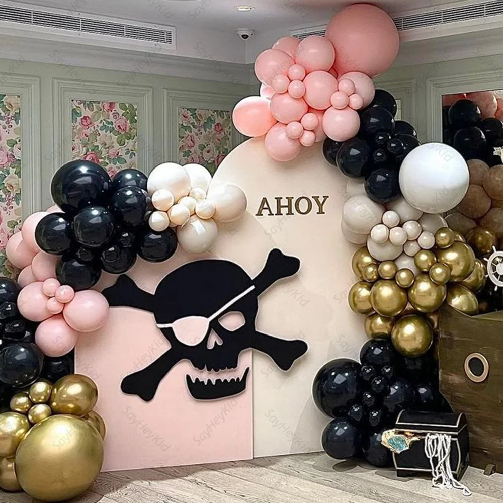 143pcs Pirates Theme Balloon Garland Arch Kit Pink Black Latex Balloons for Girls Birthday Baby Shower Party Decoration