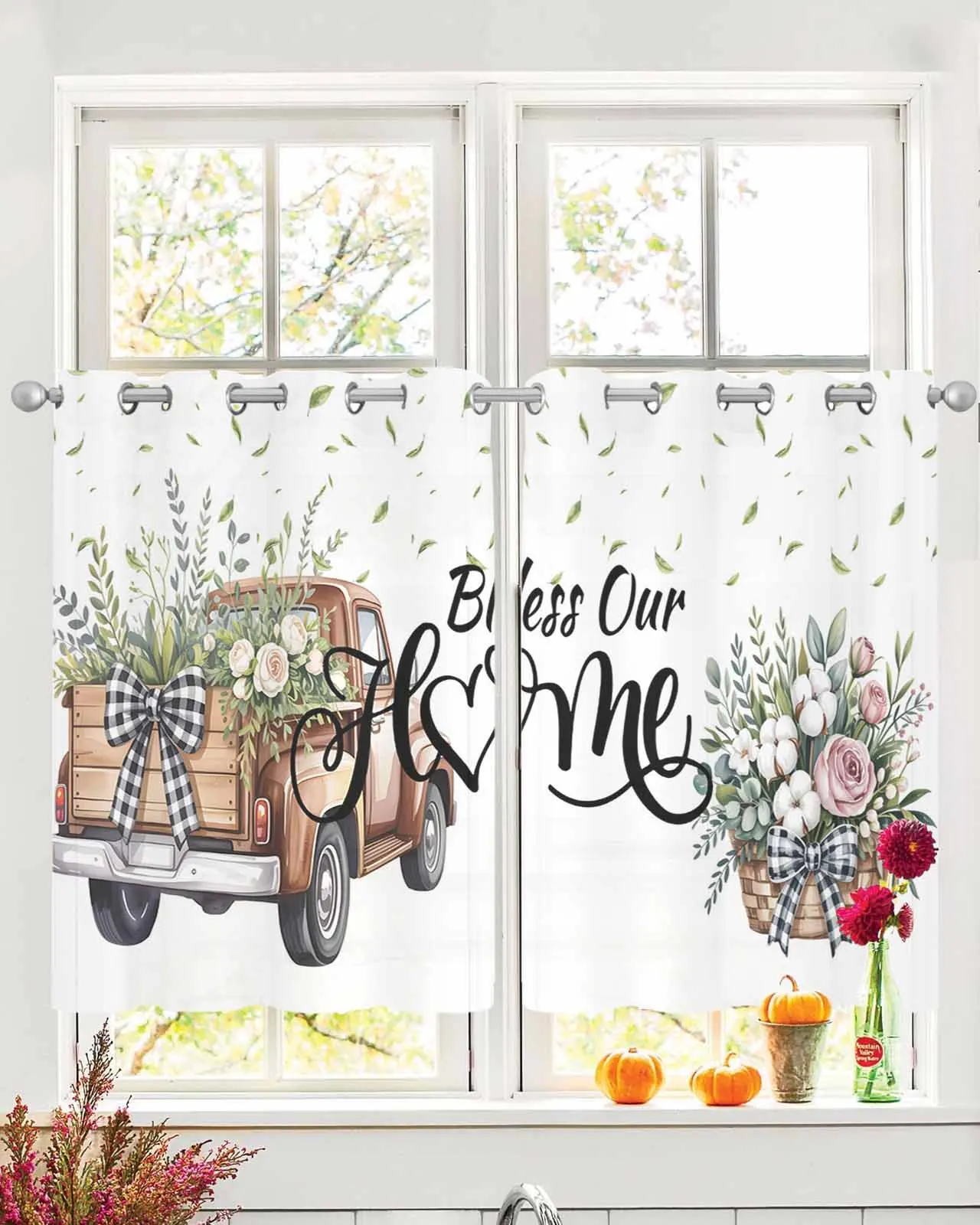 

2pcs Tulle Window Curtains Bless Our Home Cotton Flower Car for Living Room Bedroom Chiffon Sheer Voile Window Curtain