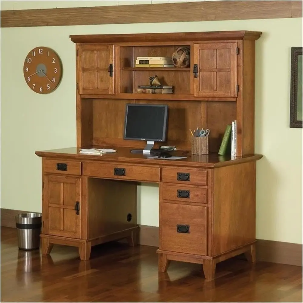 Desk and Hutch Style Wood Pedestal Desk with Hutch in Cottage Oak desk table office desk office furniture