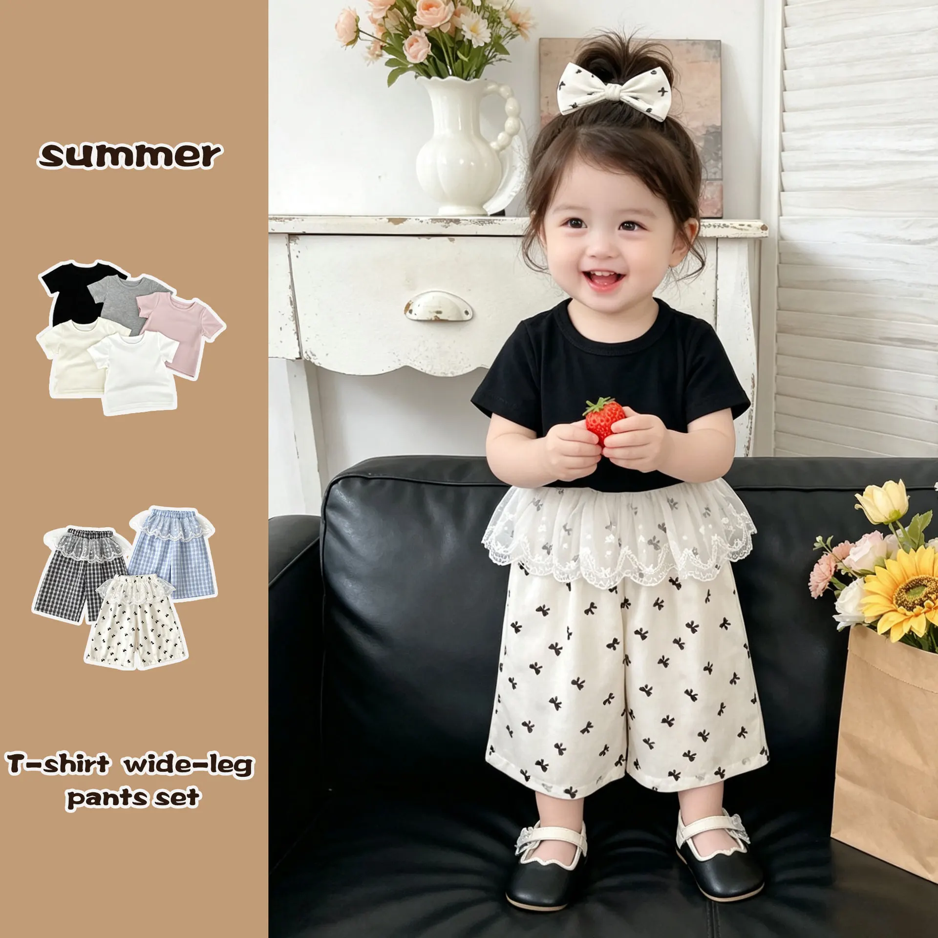 女の子の夏カジュアル万能無地半袖tシャツトップスタイリッシュなレースパッチワークワイドレッグパンツ2点セット