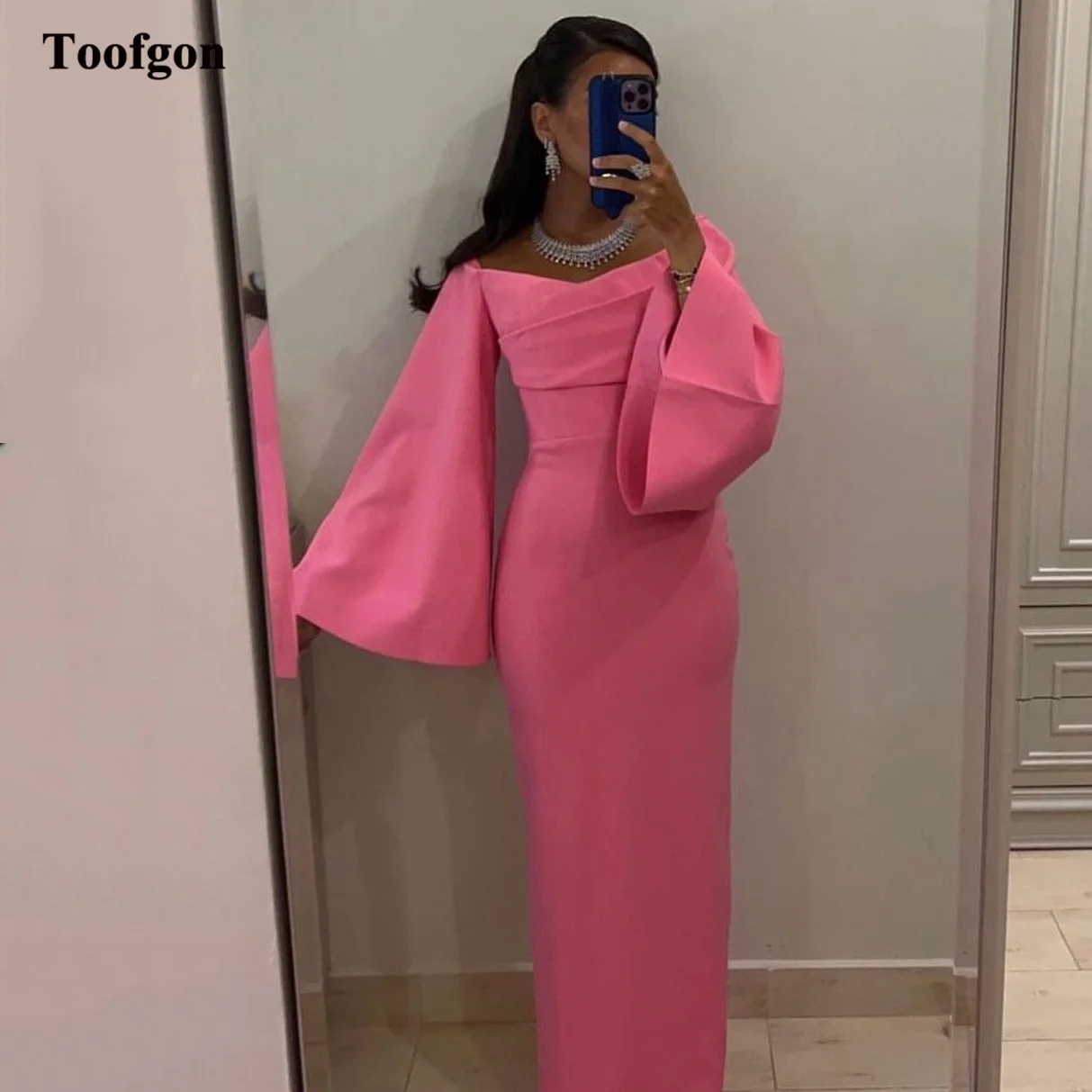 Toofgon Stretch Matte Satin Prom Dresses Long Flare Sleeve Arabia Mermaid Formal Party Gowns Floor Length Special Evening Dress