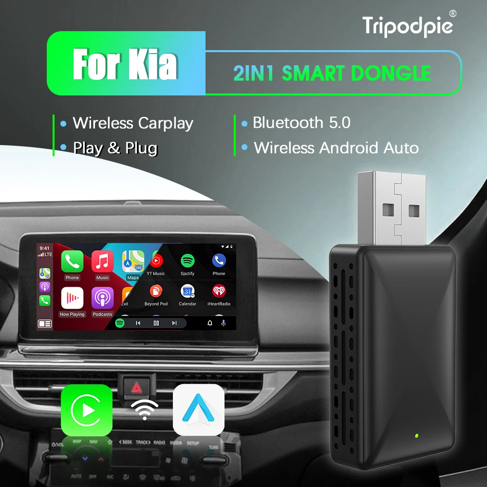 

Wireless Android Auto Carplay Adapter 2in1 Smart Dongle Play&Plug For Kia Soul Optima Soul EV Forte Niro Rio K5 EV6 Seltos K9000