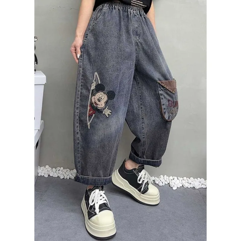 

Disney Spring New Vintage Mickey Mouse Embroidered Jeans for Women, 9-Point Loose Harem Pants, Plus Size Slimming Cartoon Style
