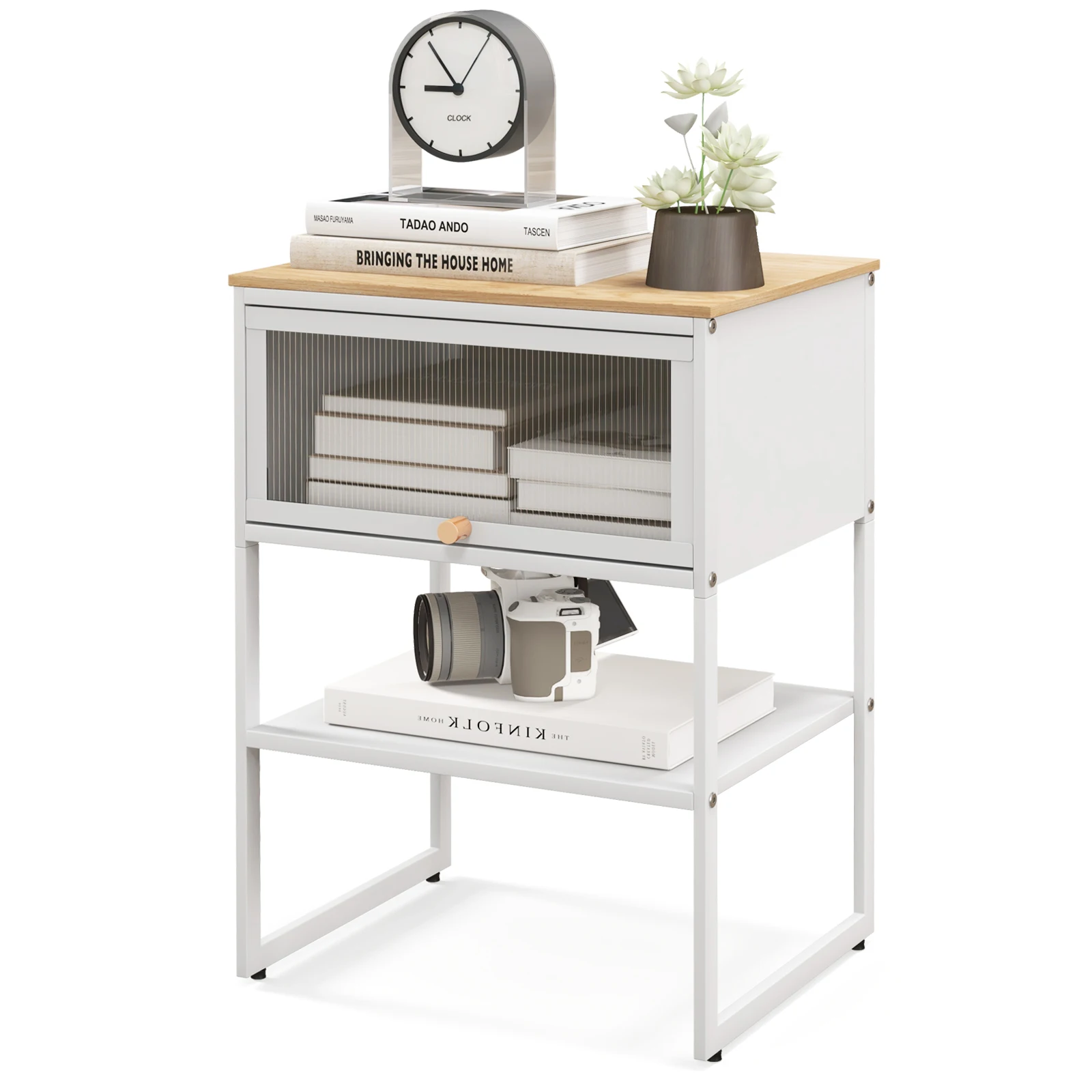 Home Nightstand 3-Tier Storage Table w/Door Open Shelf Heavy-duty Metal Frame