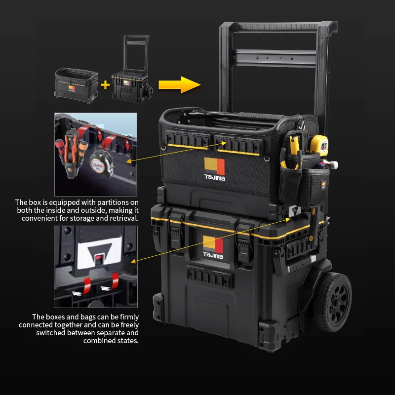 

TAJIMA Tool Belt System Rolling Box Set Stackable Modular Storage Electrician Carpenter Heavy Duty Professional Wheeled Cart