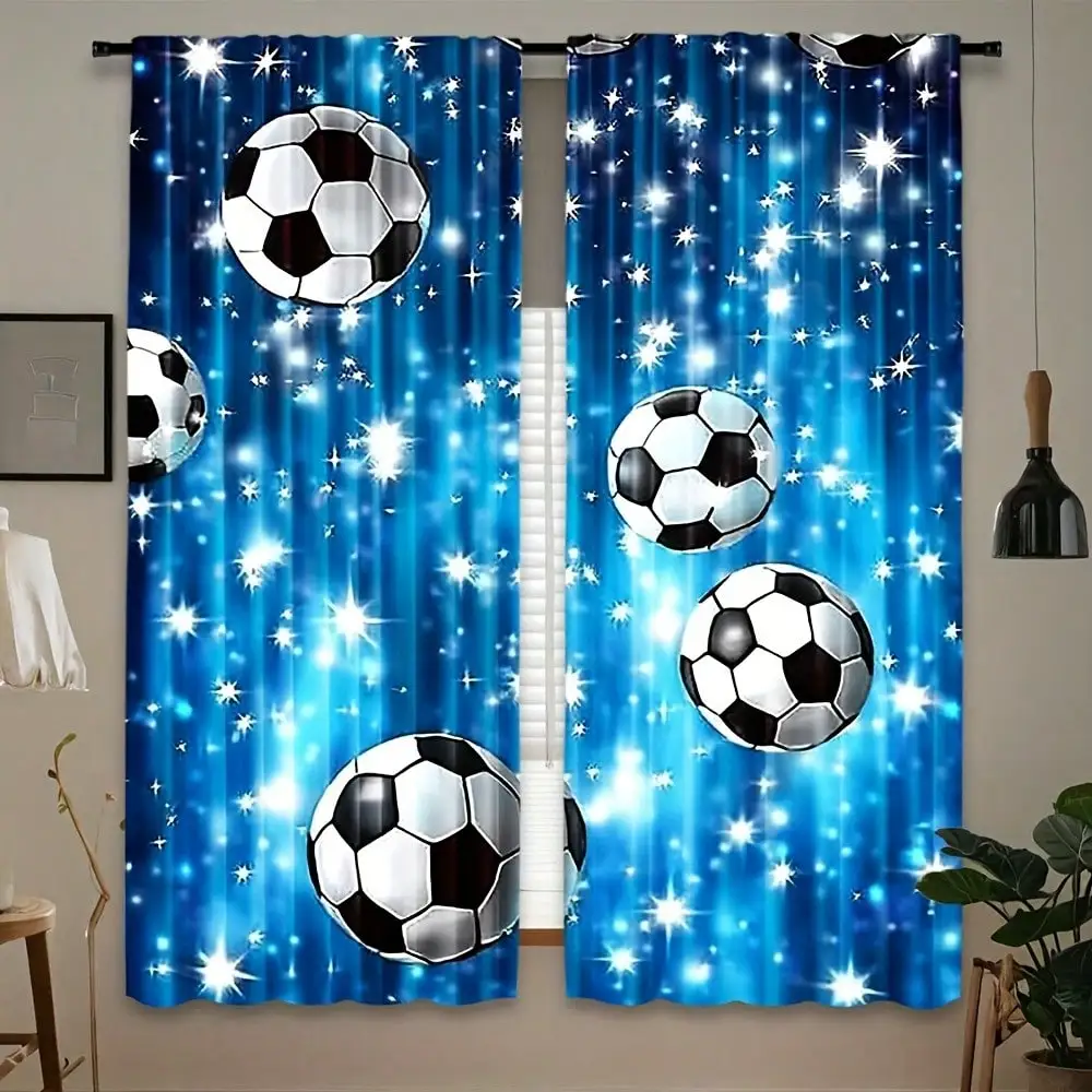 Set Of 2, Curtains Featuring A Soccer Ball Design With Rod Pockets  Perfect For Decorating Bedrooms