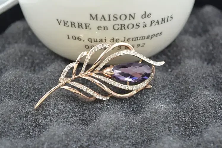 New fashion high-grade purple corsage paradise feather brooch pin Crystal from Austrian For Women Female Wedding Party