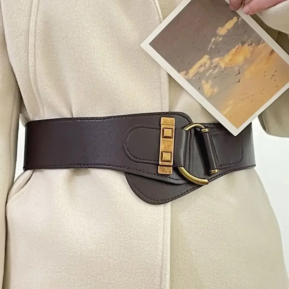 合金バックル付きPUレザーウエストベルト、調節可能なワイドベルト、伸縮性バンド、ファッショナブルなコート