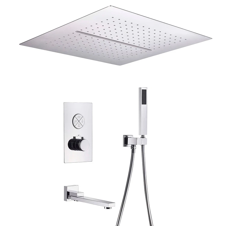 

4 Way Shower MIxer Set Thermostatic Ceiling Mounted Square Recessed Rainfall Shower Head and Hand Shower Kit Chrome