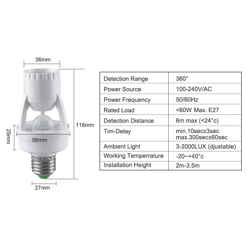 E27モーションセンサー,100-240V,モーションセンサー,e27ベースランプホルダー,ライトコントロール,スマートスイッチ,電球ソケットアダプター