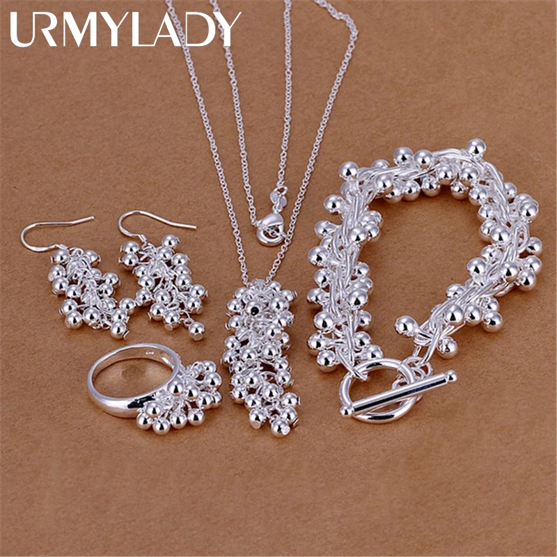 Moda 925 Sterling Silver zestaw biżuterii kolczyki bransoletka pierścionki naszyjniki dla kobiet drobne koraliki winogronowe wisiorek prezenty weselne