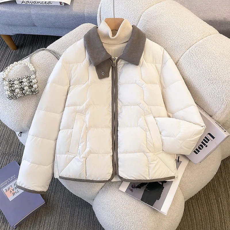 

Korean Short Style Cotton Coat for Women Winter New Loose Flip Collar Zipper Style Splicing Color Design Fashion Cotton Jacket