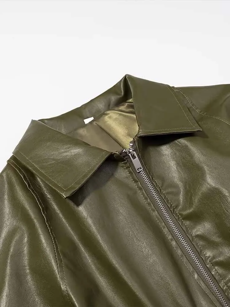 유럽 및 미국 스타일 여성 겨울 신상 패션 다용도 그린 가죽 재킷 (신축성 있는 허리밴드 포함)