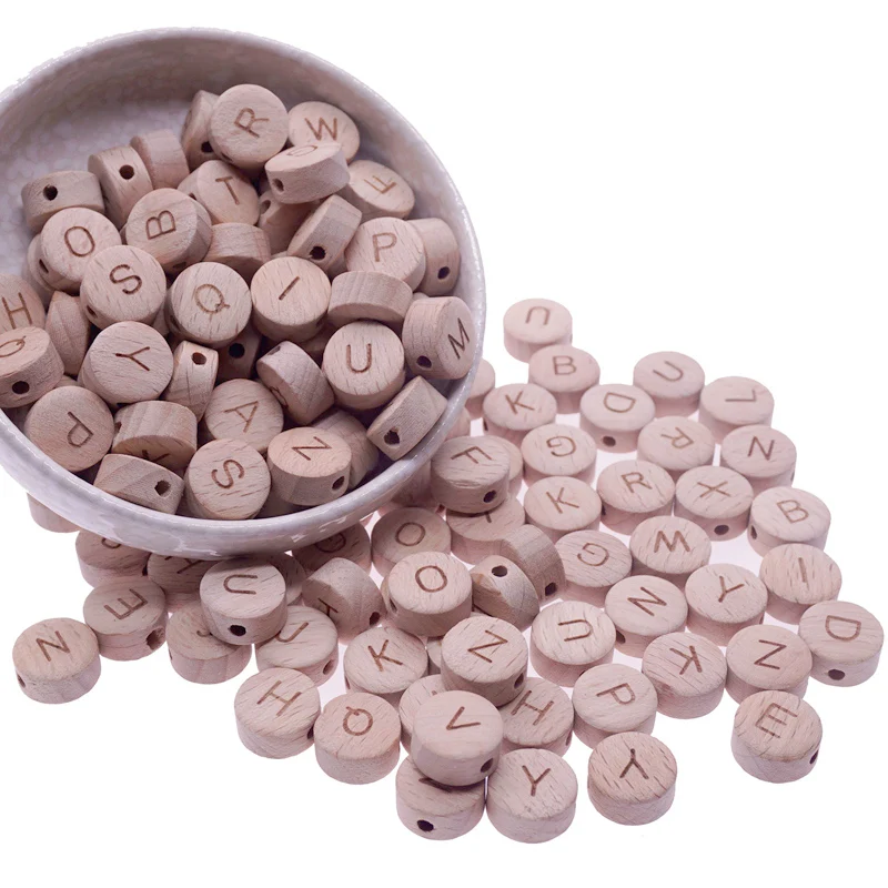 

52pcs Natural Wood Letter Beads Flat Round Wooden Alphabet Beads For DIY Baby Teething Necklace Bracelet Pacifier Clip Chain