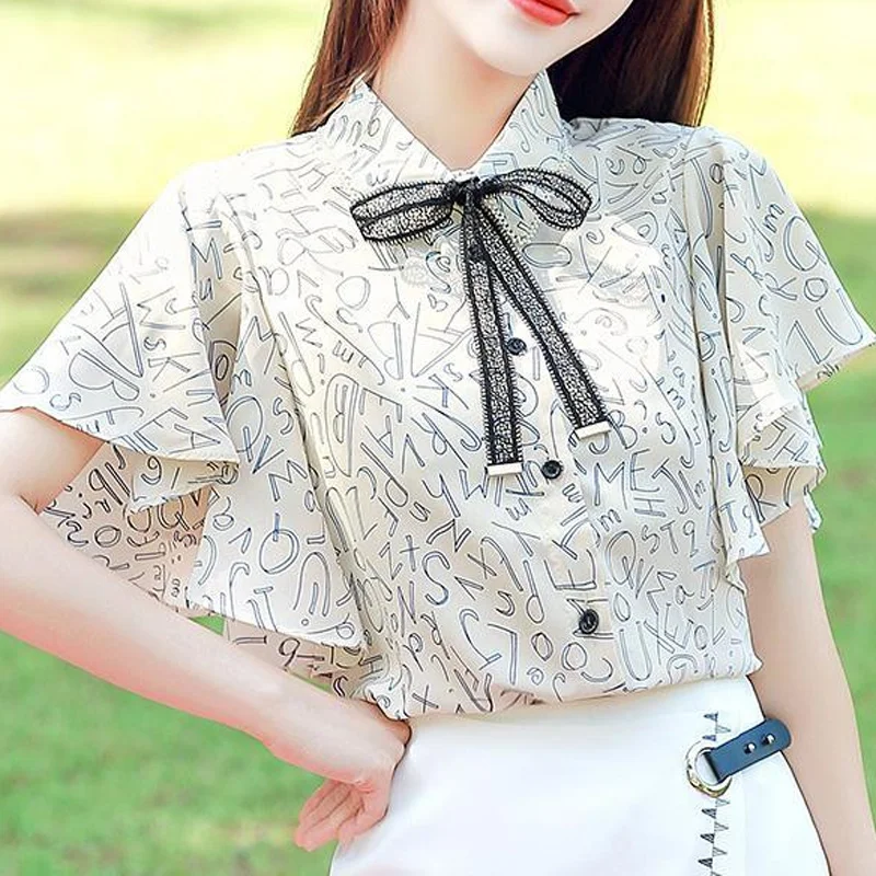 Summer New Short Sleeve Chiffon Blouse Printing Bow Patchwork All-match Loose Elegant Shirt Tops Fashion Office Women Clothing