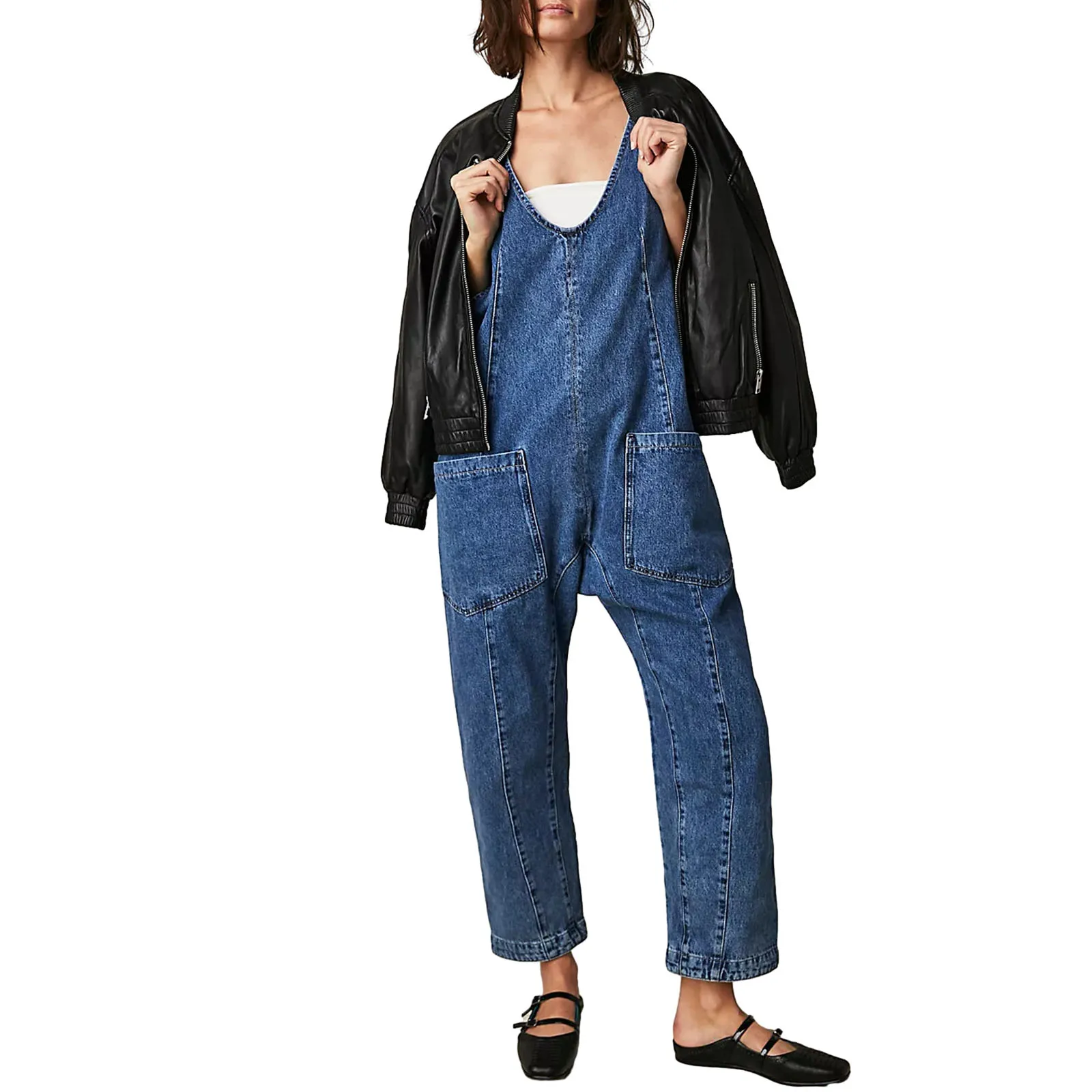 Women Oversized Denim Bib Overalls Solid Color Loose Jumpsuit Romper Slouchy Relaxed Fit Jumpsuits with Pockets for Streetwear