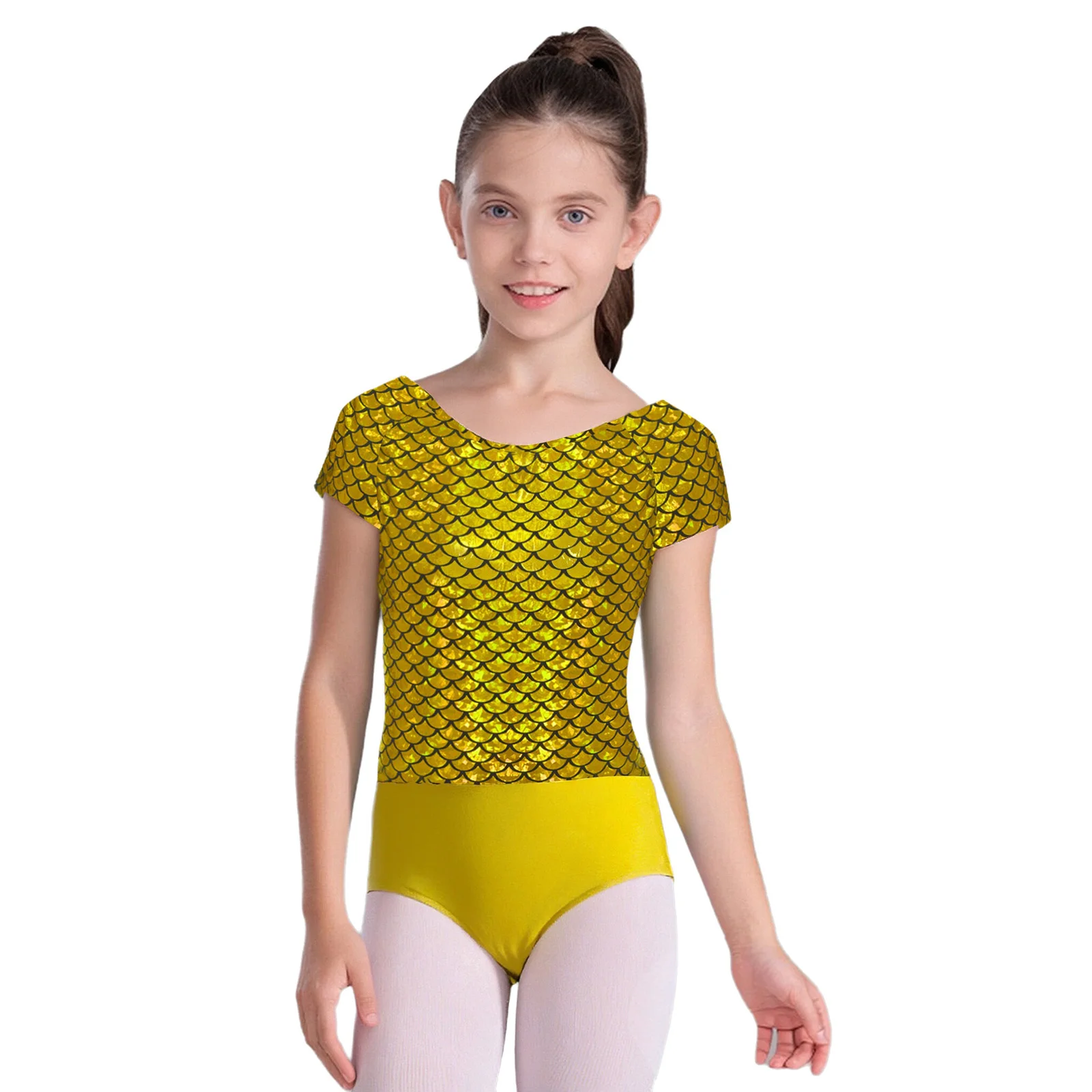 

Kids Girls Metallic Fish Scale Printed Ballet Leotard Short Sleeve Bowknot Cutout Back Bodysuit for Gymnastics Dance Performance