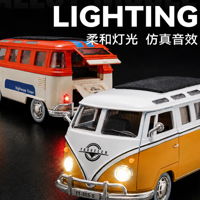 

1:24 scale retro bus T1 diecast car movable doors pull back mechanism exquisite details decorative toy for kids and collectors