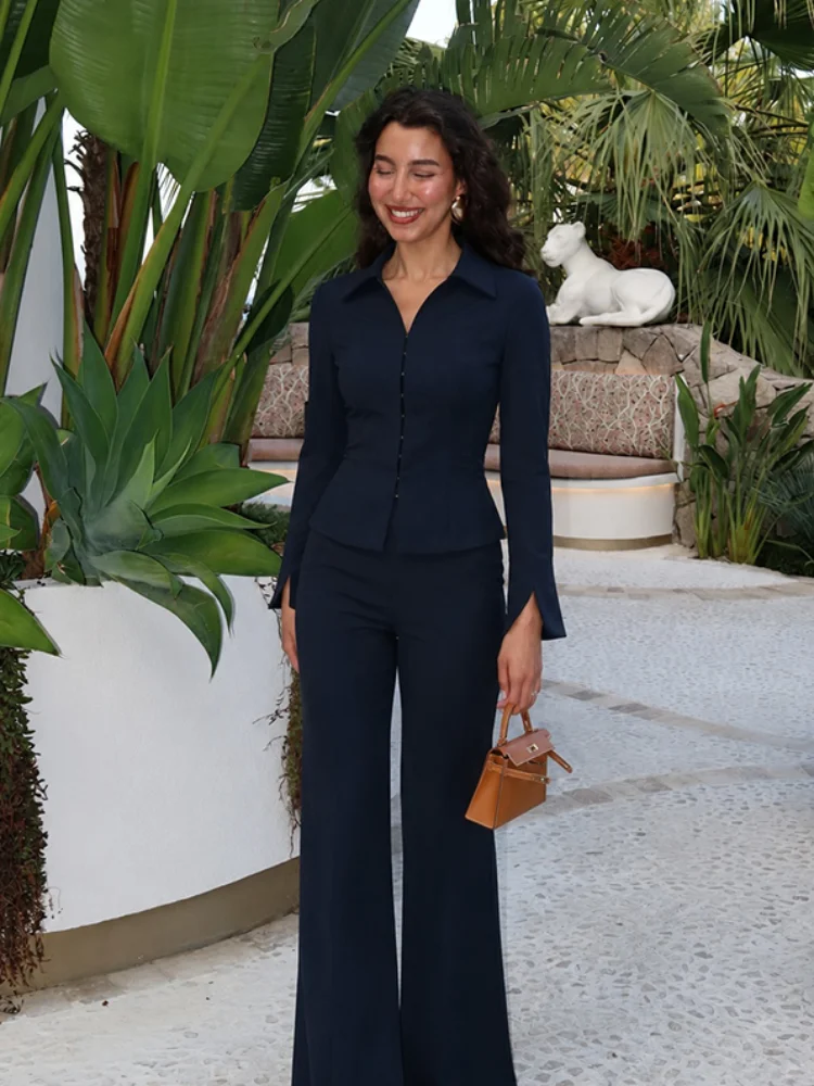Minimalist Solid Flared Pants Suit Women Lapel Flare Sleeve Peplum Blazer High Waist Slim Set Business Office Formal Outfit 2026